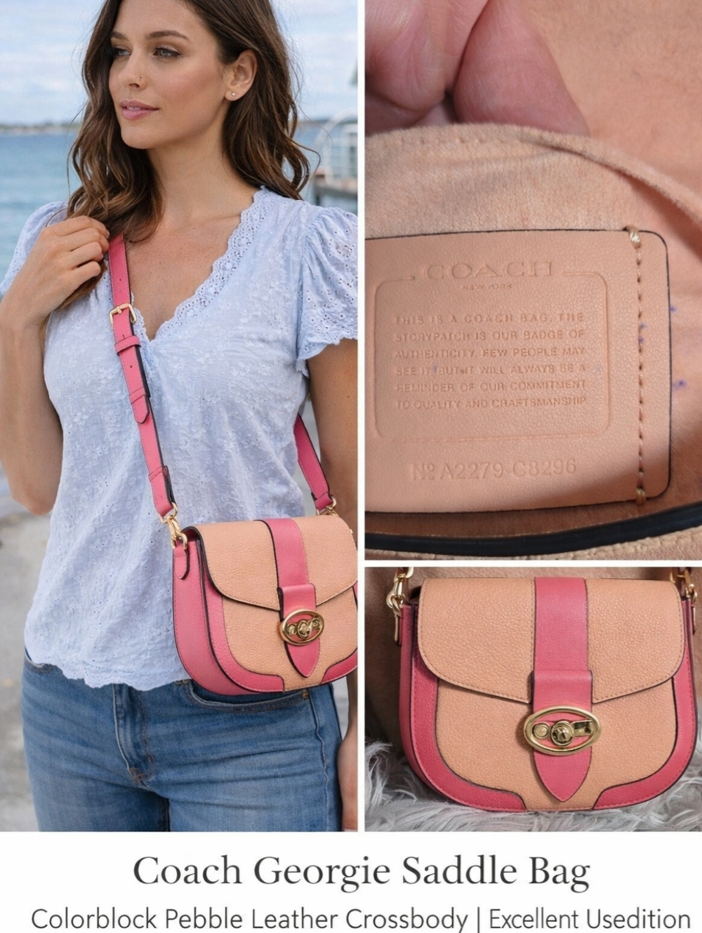 Coach Georgie Saddle Bag Pink & Tan Pebble Leather Crossbody Pink Tan Gold EU - Picture 5 of 15